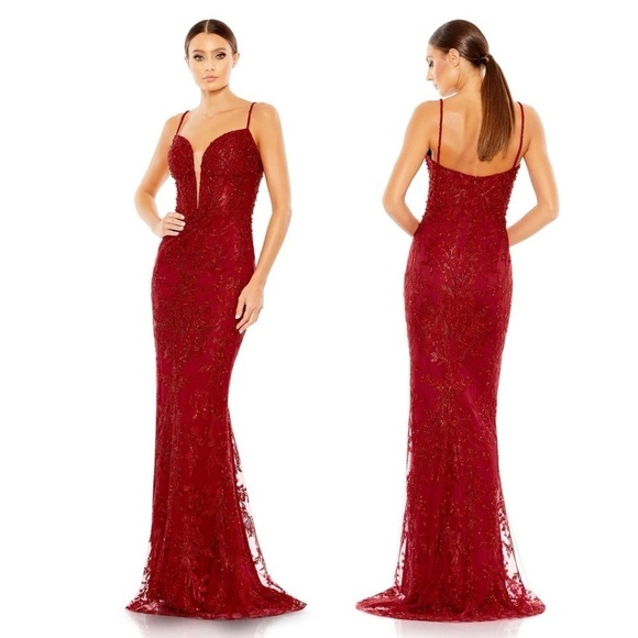 MAC DUGGAL EMBELLISHED PLUNGE NECK ILLUSION MERMAID GOWN RED GOWN SIZE 16 - Picture 3 of 16